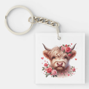 Romantic Highland Cow with Roses and Hearts – Whim Key Ring