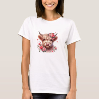 Romantic Highland Cow with Roses and Hearts – Whim T-Shirt