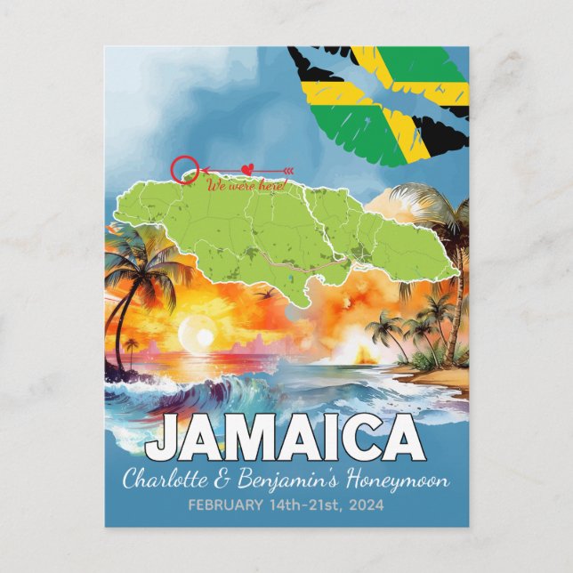 Romantic Honeymoon Vacation Jamaica Island Map Postcard (Front)