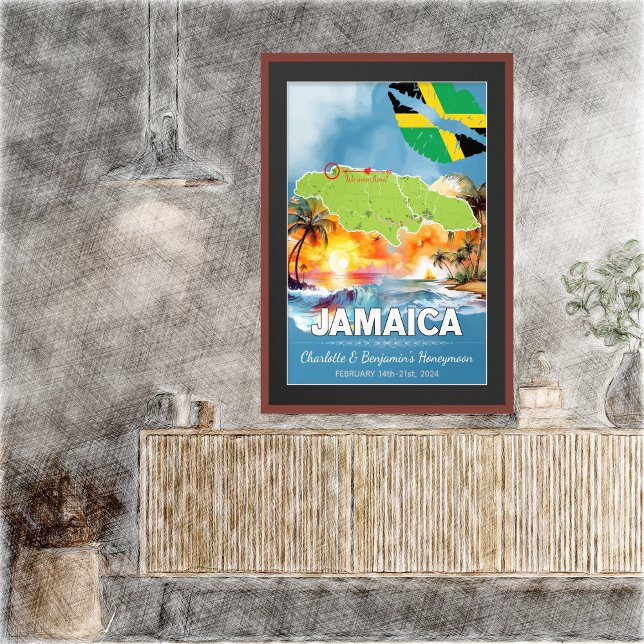 Romantic Honeymoon Vacation Jamaica Island Map Poster (Romantic Honeymoon Vacation To Jamaica Poster - Sketch Mockup)