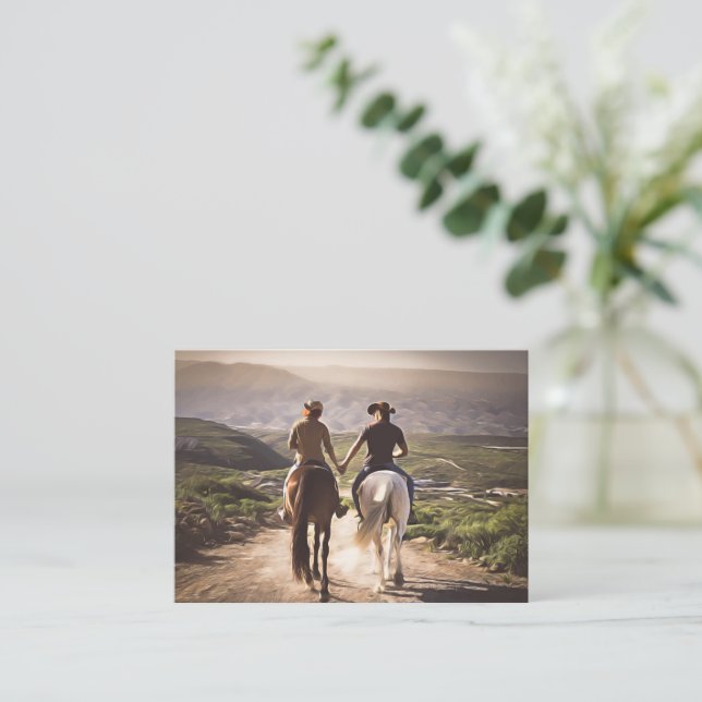 Romantic Horse Riders Holding Hands Painted Card (Standing Front)