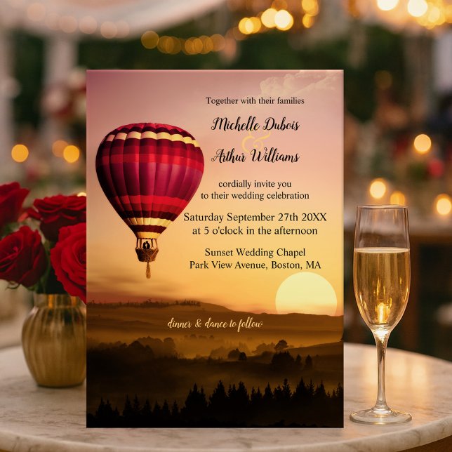 Romantic Hot Air Balloon Sunset Wedding Invitation (Wedding invitation featuring a couple in a romantic hot air balloon over a sunset landscape scene)