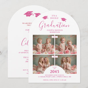 Romantic Hot Pink 4-Photo Double Twins Grads TMF26 Invitation