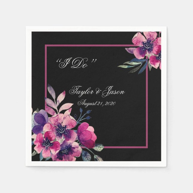Romantic Hot Pink Floral Script Wedding Napkin (Front)
