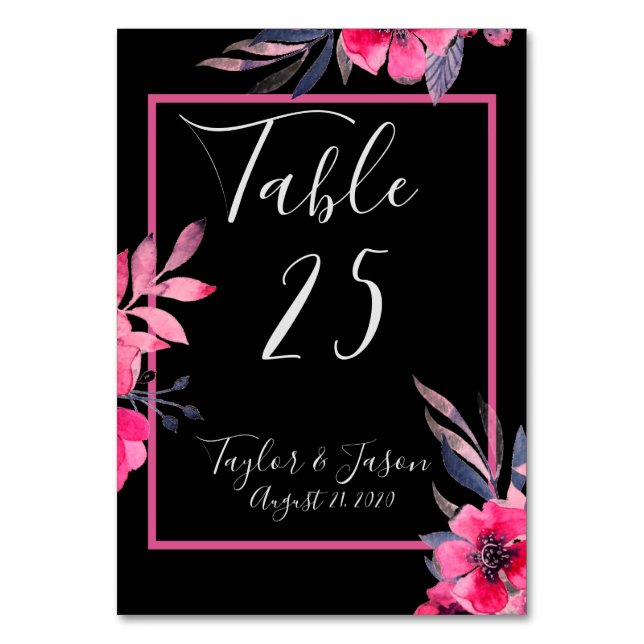 Romantic Hot Pink Pretty Floral Script Wedding Table Number (Front)