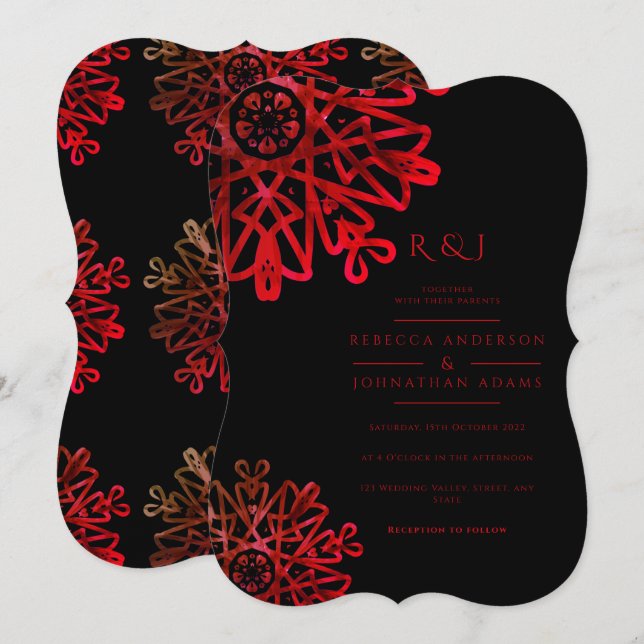 Romantic Hot Red Ornamental Pattern Wedding Invitation (Front/Back)