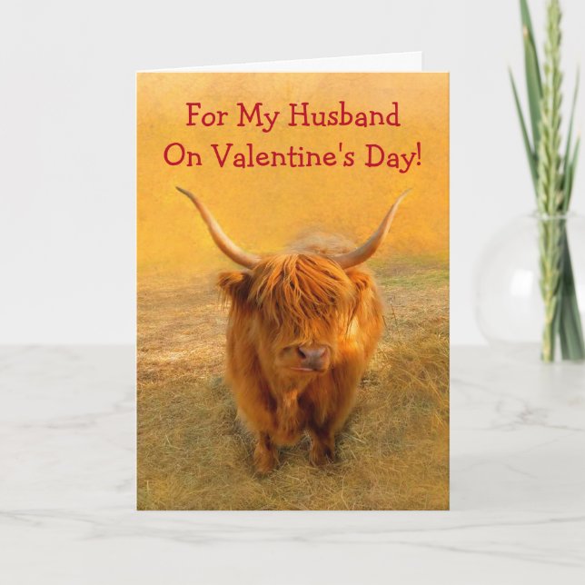 Romantic Husband Highland Steer Valentine's Holida Holiday Card (Front)