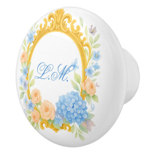 Romantic Hydrangea Gold Frame Floral Monogram Ceramic Knob