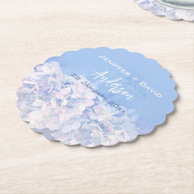 Romantic Hydrangeas Personalised Wedding Paper Coaster (Angled)