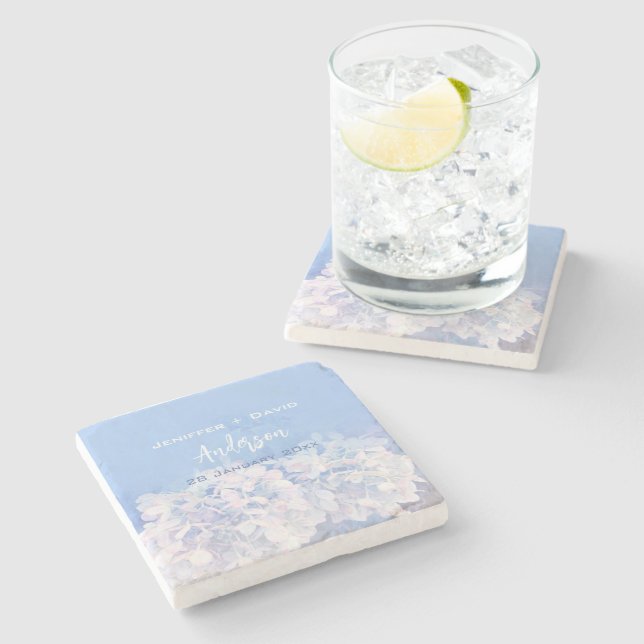 Romantic Hydrangeas Personalised Wedding Stone Coaster (Side)