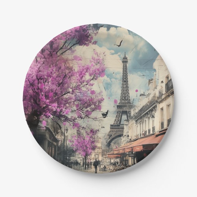Romantic image of PAris with the Eiffel tower Paper Plate (Front)