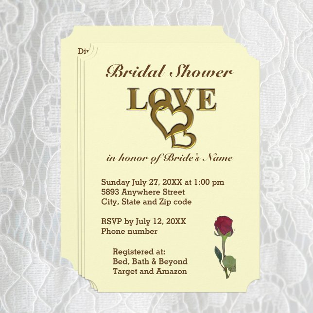 Romantic Interlocking Hearts & Red Rose Invitation (Love Hearts and Red Rose Bridal Shower Invitation)