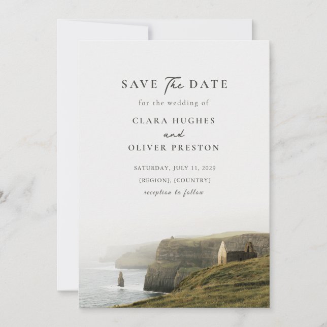 Romantic Irish Cliffs Olive Grey Painterly Wedding Save The Date (Front)