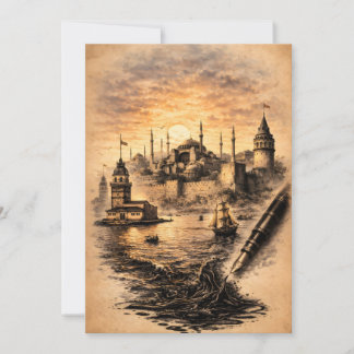 Romantic Istanbul Ink Art with Historic Skyline Thank You Card