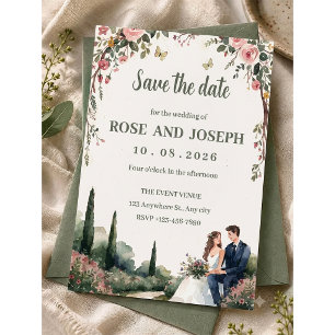 Romantic Italian Countryside Cypress Trees & Rose Invitation