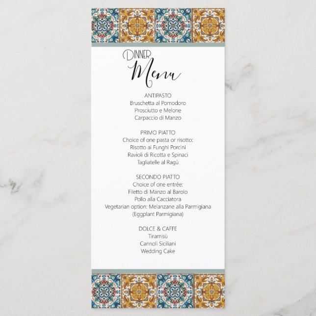 Romantic Italian Tile Destination Wedding Menu (Front)