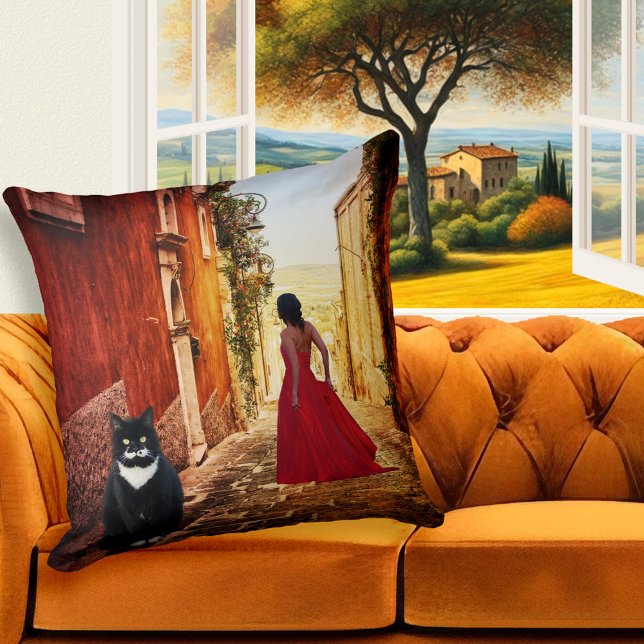 Romantic Italian Village Fine Art Pillow (Pillow featuring a painting of a lady in red in a romantic Italian village with a big tuxedo cat)