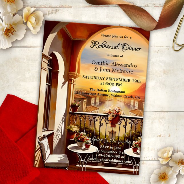 Romantic Italian Wedding Rehearsal Dinner Invitation (A romantic Rehearsal Dinner invitation featuring a fine art painting of an Italian balcony at sunset)