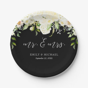 Romantic Ivory Cream Floral Black Wedding Paper Plate