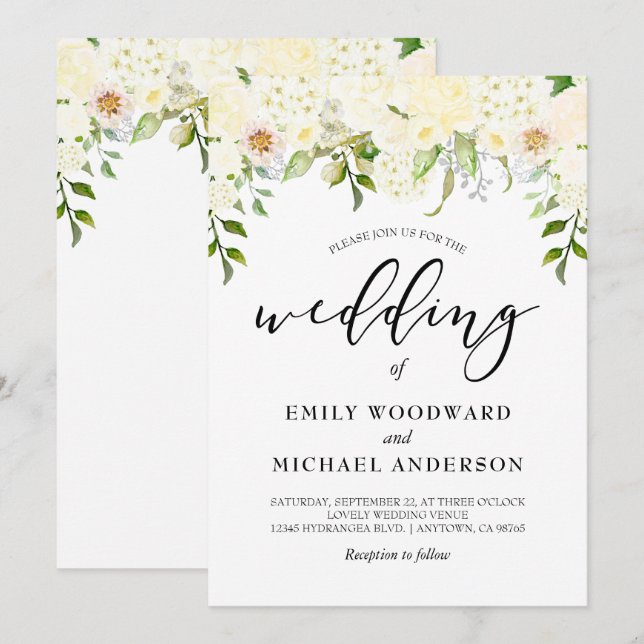 Romantic Ivory Cream Floral Watercolor Wedding Invitation (Front/Back)
