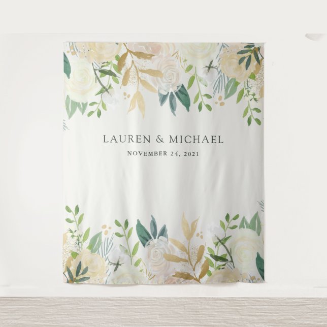 Romantic Ivory Floral Backdrop | Photo Booth Prop Tapestry (Front)