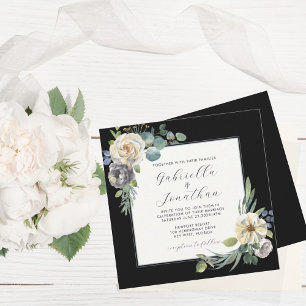 Romantic Ivory Floral Watercolor Black Wedding Invitation
