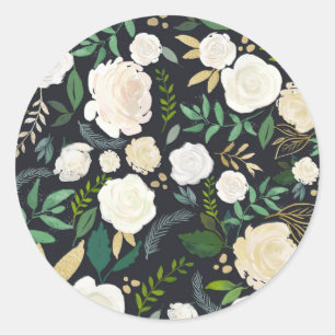 Romantic Ivory Flowers and Greenery Pattern Black Classic Round Sticker