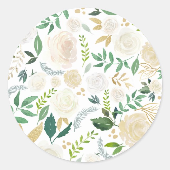 Romantic Ivory Flowers and Greenery Pattern White Classic Round Sticker (Front)