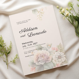 Romantic ivory pink blue summer floral wedding invitation