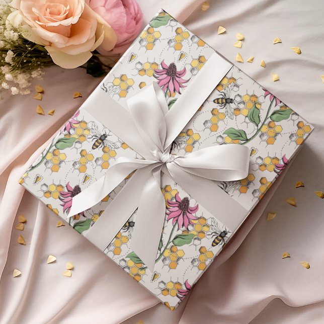 Romantic Ivory Queen Bee, Honeycomb & Flowers  Wrapping Paper (Elegant Hand-Drawn Buzzing Queen Bee, Honeycomb & Pink Exotic Flower Gift Wrap for Nature Lovers.)