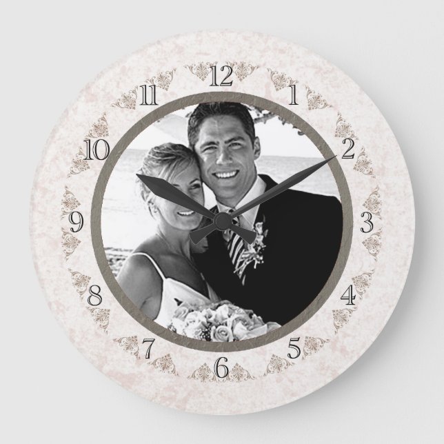 Romantic Ivory Scallop Wedding Photo Large Clock (Front)