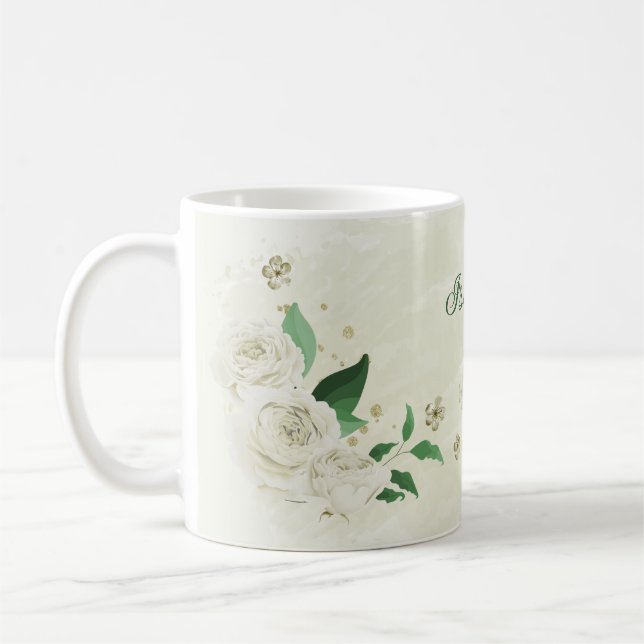 Romantic ivory white flowers greenery coffee mug (Left)