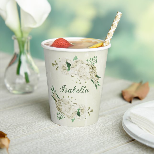 Romantic ivory white flowers greenery paper cups (Insitu)