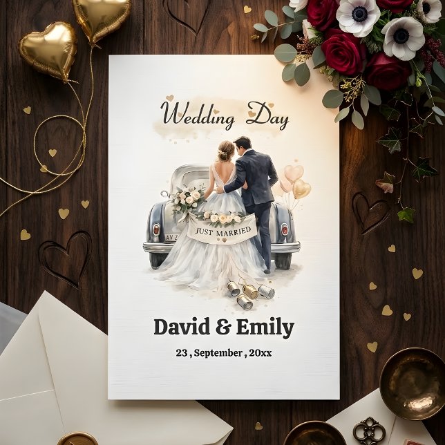Romantic "Just Married" Couple & Vintage Car  Invitation (Creator Uploaded)