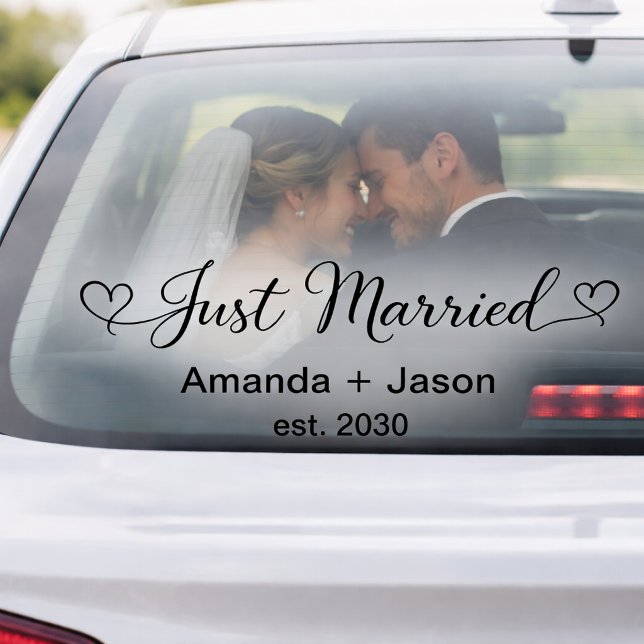 Romantic Just Married Hearts Black Script Window Cling (Creator Uploaded)
