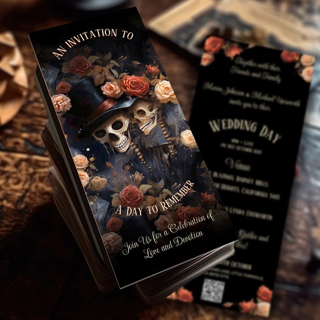Romantic Kissing Skeletons QR Code Gothic Wedding Invitation (Capture the magic of your Wedding Day in this elegant Gothic Wedding Invitation.)