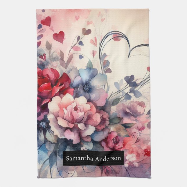Romantic Kitchen: Abstract Hearts Roses Tea Towel (Vertical)
