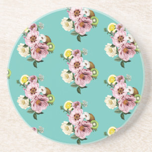 Romantic kiwi, lemon and peony pattern coaster