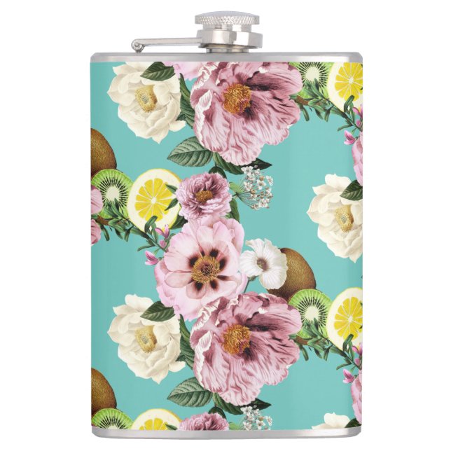 Romantic kiwi, lemon and peony pattern    hip flask (Front)