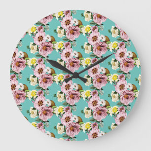 Romantic kiwi, lemon and peony pattern large clock