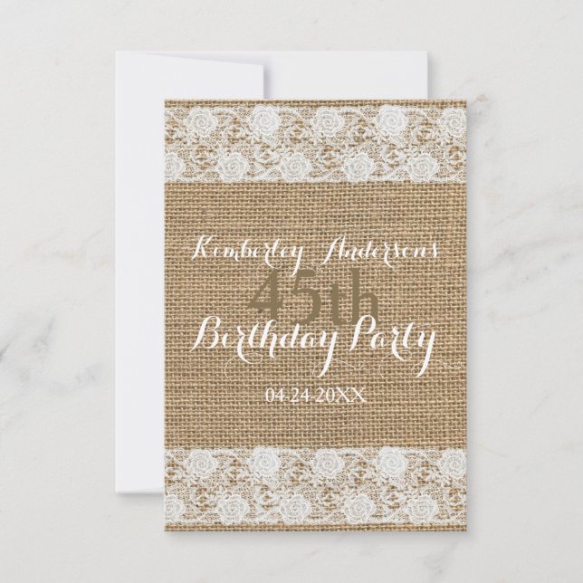 Romantic Lace and burlap 45th Birthday Party Inv Invitation (Front)