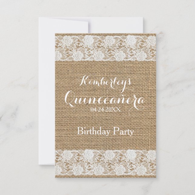 Romantic Lace and burlap Quinceañera Invitation (Front)