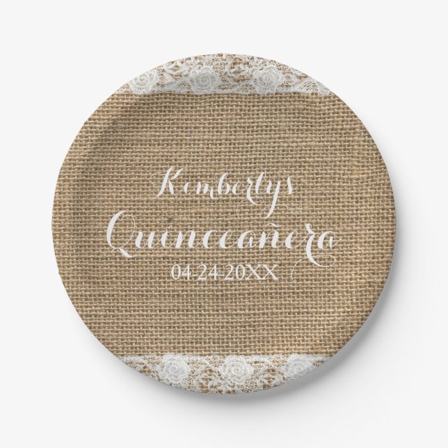 Romantic Lace and burlap Quinceañera Paper Plates (Front)