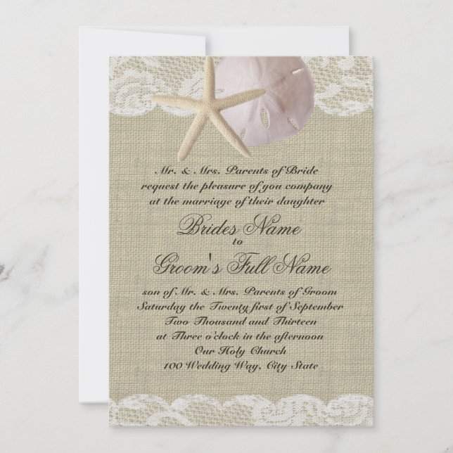 Romantic Lace and Sea Shell Beach Wedding Invitation (Front)