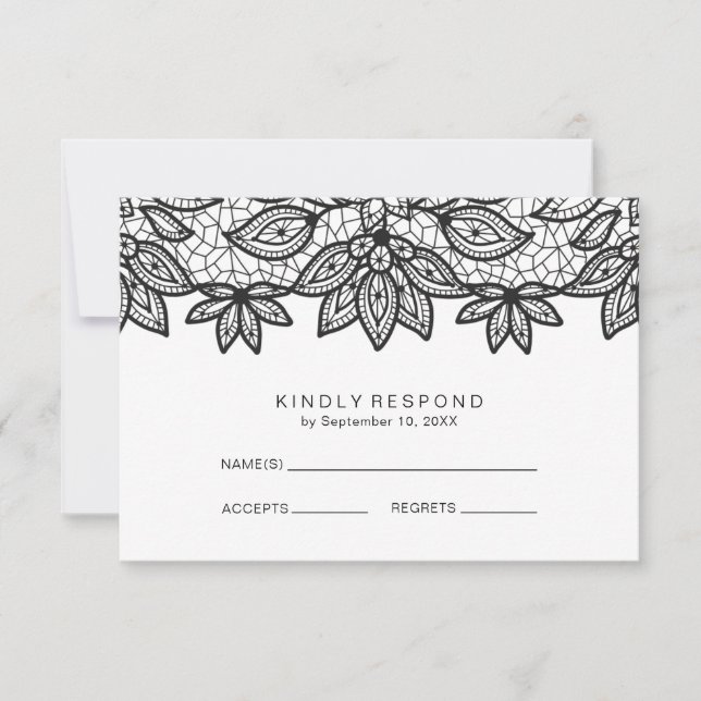 Romantic Lace Black and White Wedding RSVP (Front)
