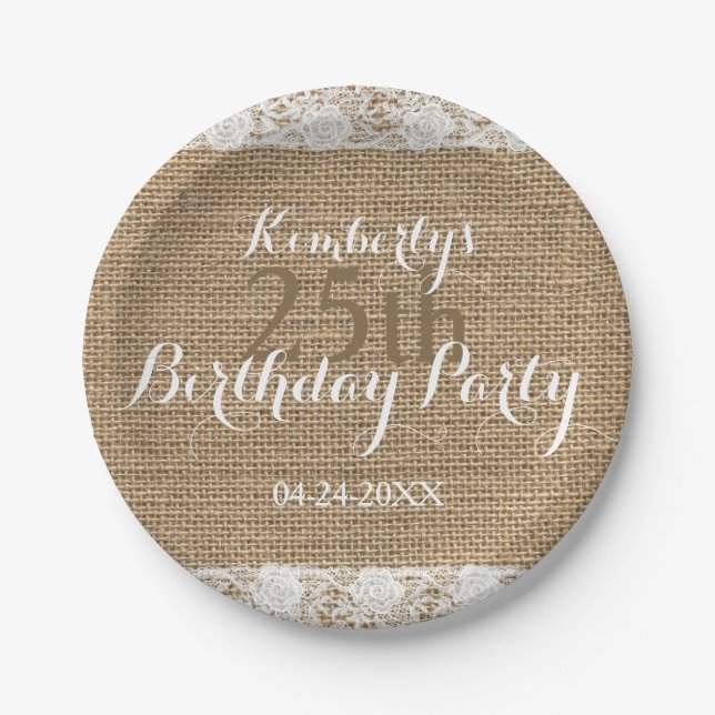 Romantic Lace burlap 25th Birthday Paper Plates (Front)