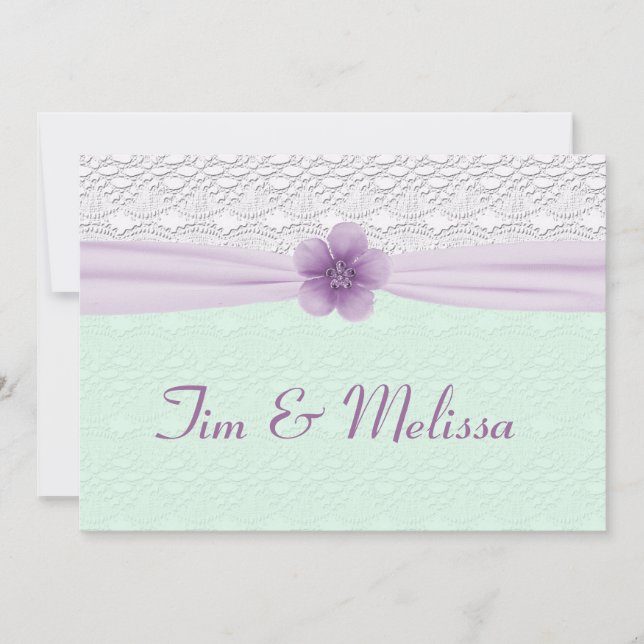 Romantic Lace & Flower, Lavender & Mint Green Invitation (Front)