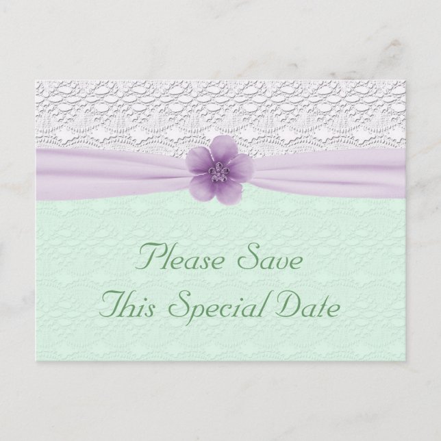 Romantic Lace Lavender Flower Mint Green Save Date Announcement Postcard (Front)