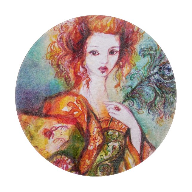 ROMANTIC LADY WITH PEACOCK FEATHER  CUTTING BOARD (Front)