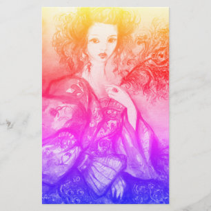 ROMANTIC LADY WITH PEACOCK FEATHER Pink Blue Stationery